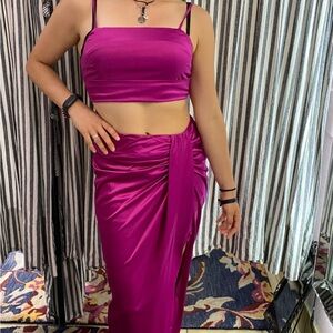 Mable party prom event skirt crop top set satin pink fuchsia magenta   XS‎ S M